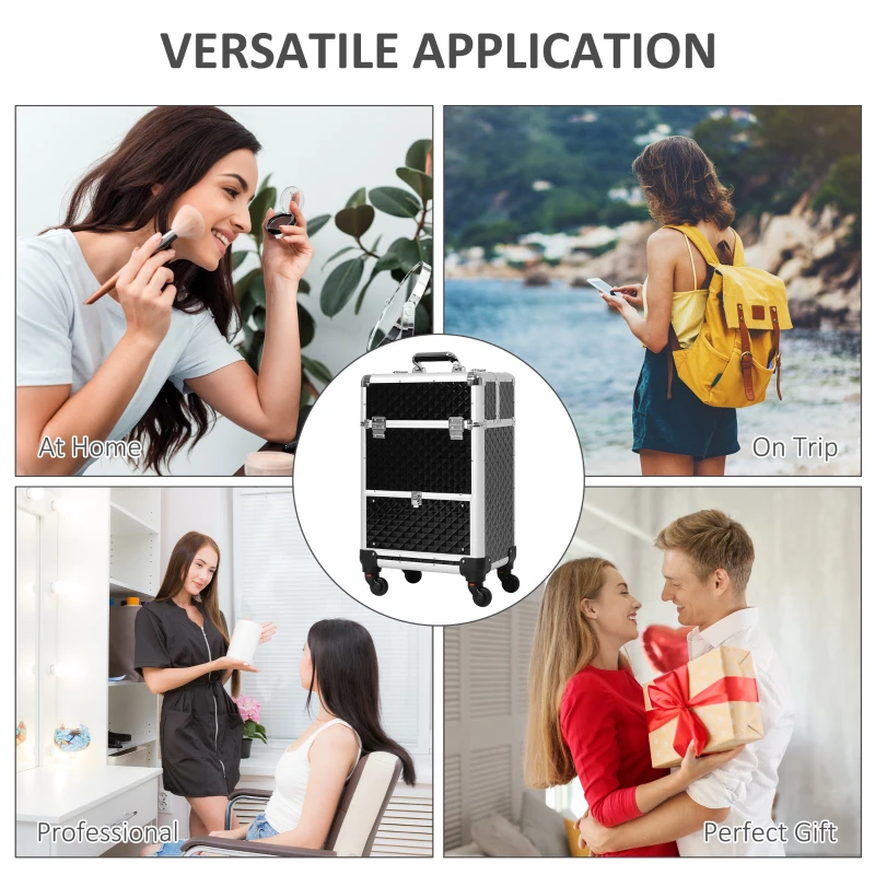 HOMCOM Large Professional MUA Vertical Rolling Full Makeup Travel Train Case - Black