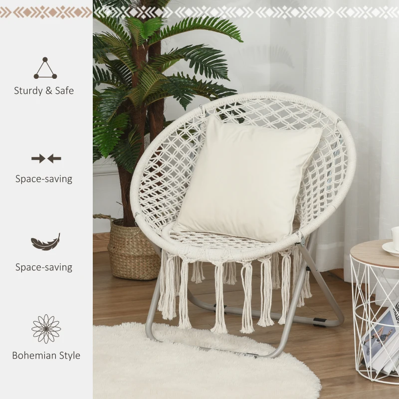 Outsunny Moon Saucer Chair for Adults & Kids Folding Design Bohemian Style with Hand-woven Cotton Tassal for Bedroom Livingroom Garden Max 150kg White