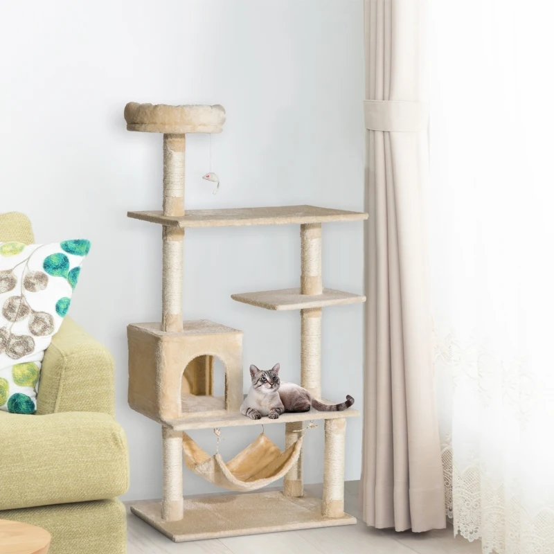PawHut 152cm Plush Cat Tree Tower Climbing Frame Activity Center with Sisal Scratching Posts Hammock Perch Condo Dangle Toy Beige