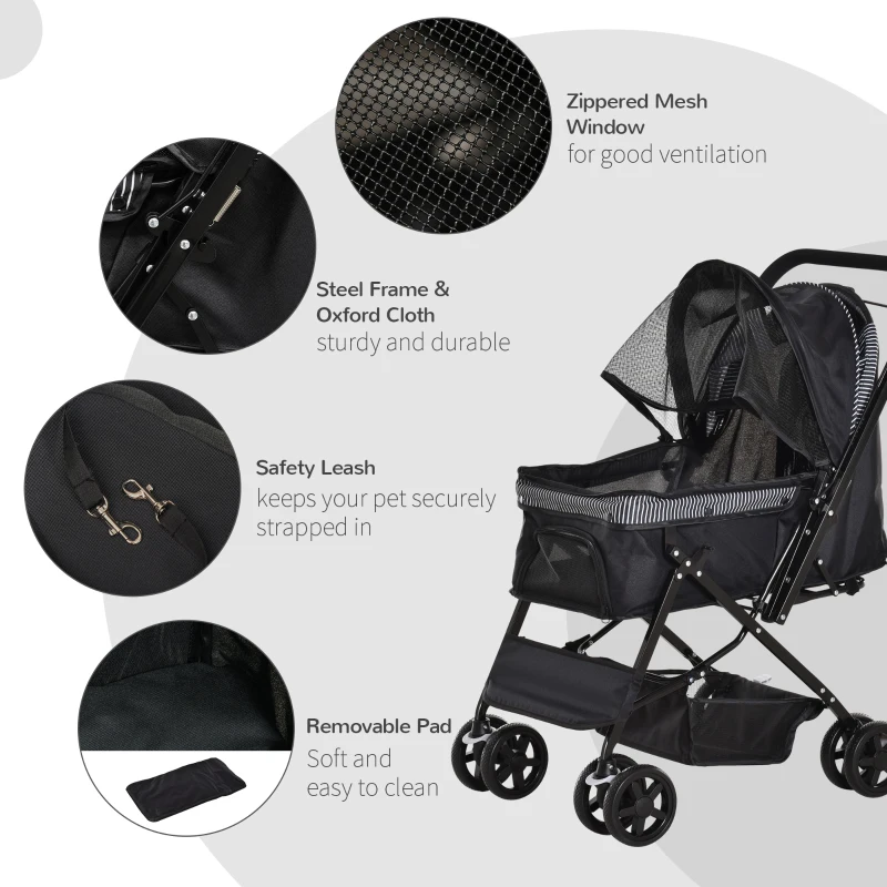 PawHut Pet Stroller Foldable Dog Cat Travel Carriage with Reversible Handle Rear Door EVA Wheel Brake Basket Storage Bag 3-stage Canopy Mesh Window Door Black