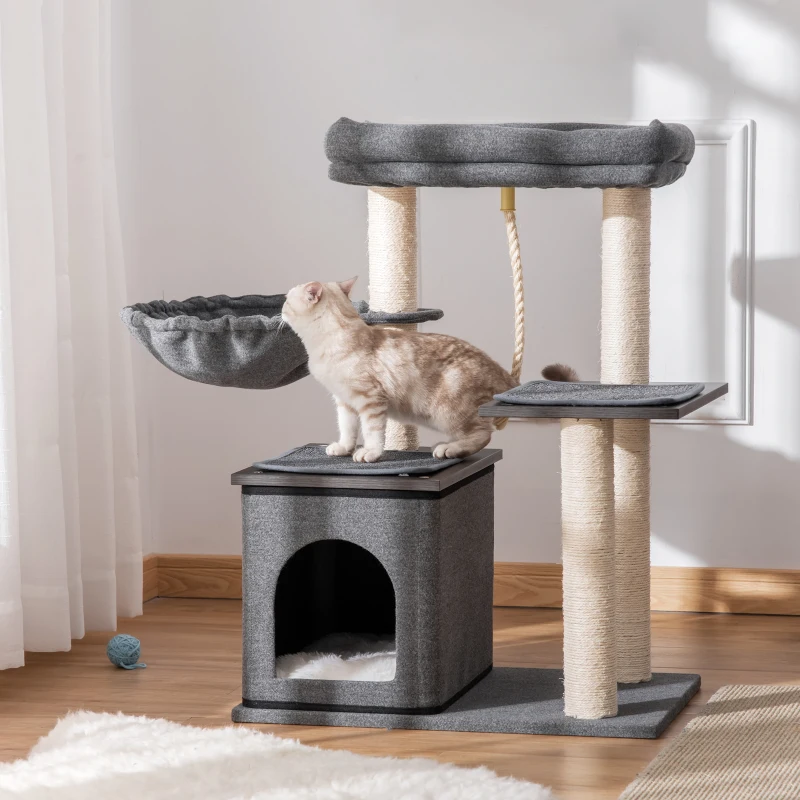 PawHut Cat Tree Tower for Indoor Cats Climbing Activity Center Kitten Furniture with Sisal Scratching Post Bed Condo Perch Teasing Rope Dark Grey