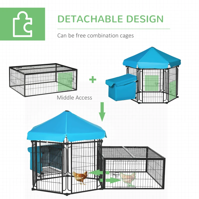 PawHut Steel Chicken Coop, Outdoor Hexagonal Hen House, Heavy-Duty Detachable Poultry Cage w/ Water-Resistant Canopy, Run, Nesting Box, Lockable Doors - Blue