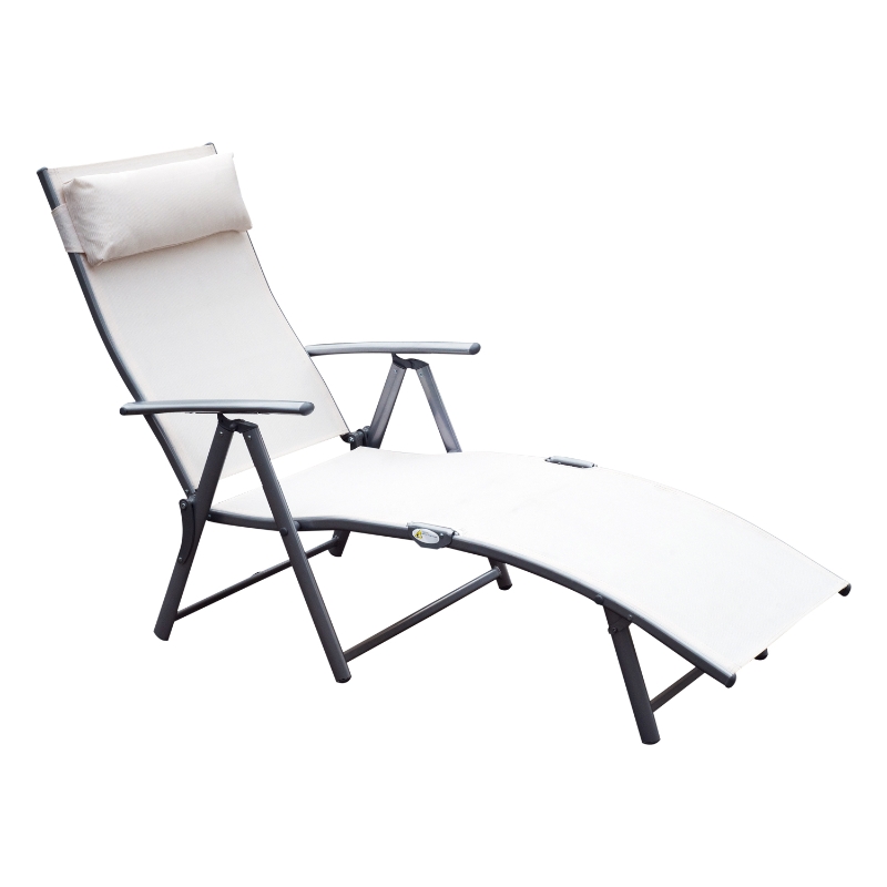 Outsunny Texteline Sun Lounger Recliner Chair Foldable Garden 7 Levels Cream White