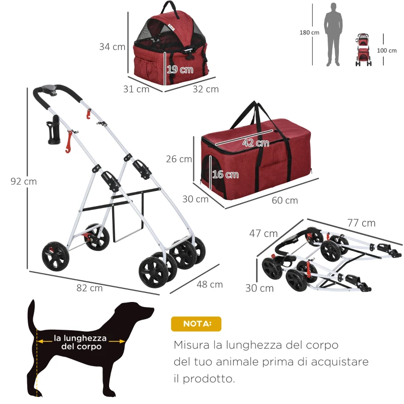 PawHut Double-Layer Pet Stroller Foldable Dog Cat Travel Carriage with Universal Wheel Canopy Storage Bag Cushion Red