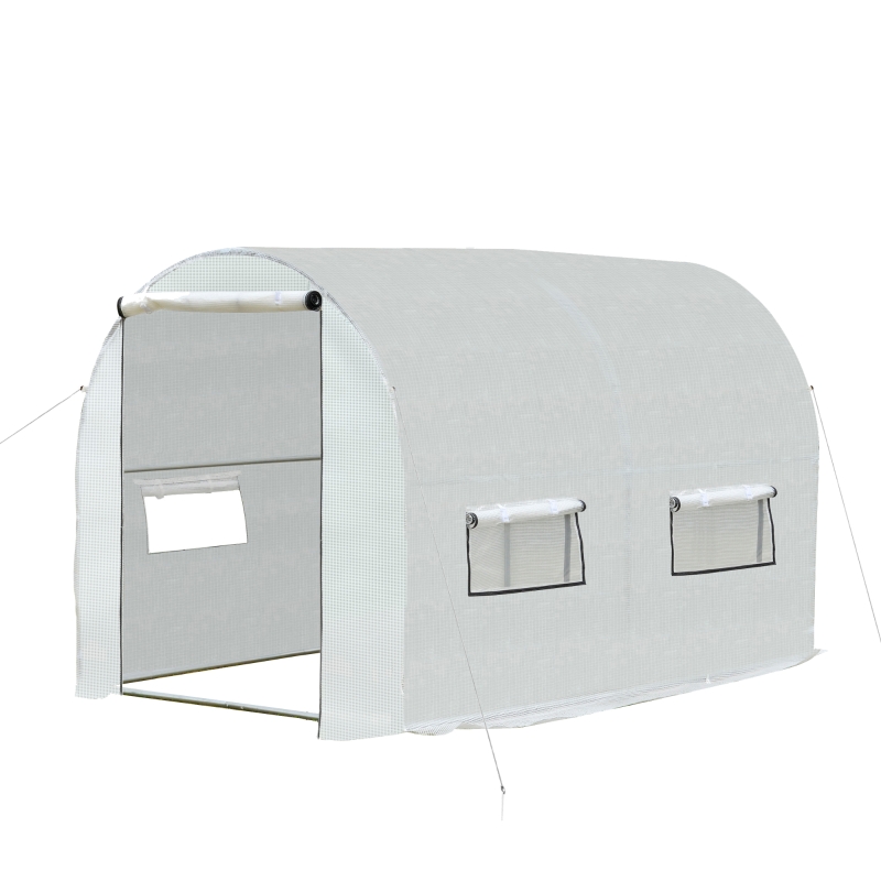 Outsunny 3 x 2 x 1.9m Walk-in Polytunnel Lage Greenhouse with 2 Roll-Up Zipper Doors and 6 Roll-Up Windows , for Seedlings, Herbs, or Flowers, White