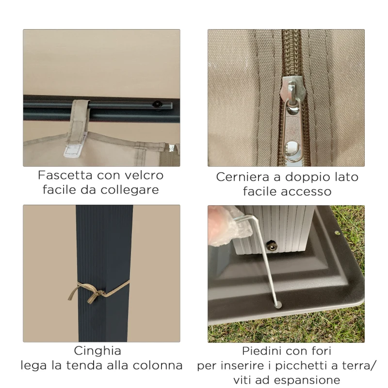 Outsunny Gazebo da Giardino 4x3m in Alluminio e Acciaio con Zanzariera e 4 Tende in Poliestere, Marrone