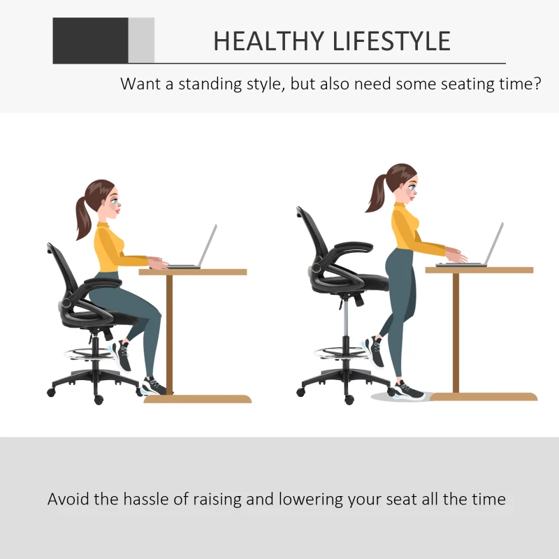 Vinsetto Adjustable Drafting Chair Tall Office Chair Ergonomic Mesh Back with Flip-up Armrest and Footrest, 360° Swivel, Black