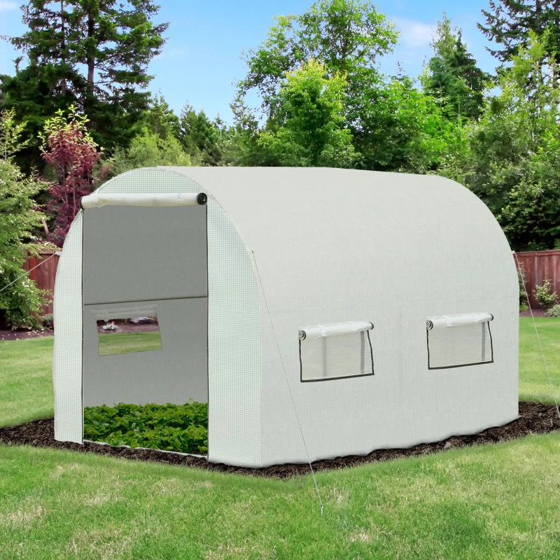 Outsunny 3 x 2 x 1.9m Walk-in Polytunnel Lage Greenhouse with 2 Roll-Up Zipper Doors and 6 Roll-Up Windows , for Seedlings, Herbs, or Flowers, White
