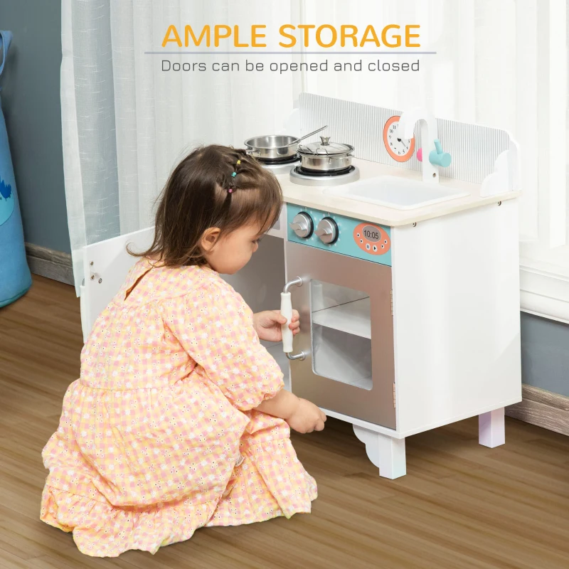 HOMCOM Kids Play Kitchen Toy, Wooden Cooking Set Pretend Role Playset with Cooking Bench, Stainless Steel Pot, for Boys Girls Aged 3-6 Years