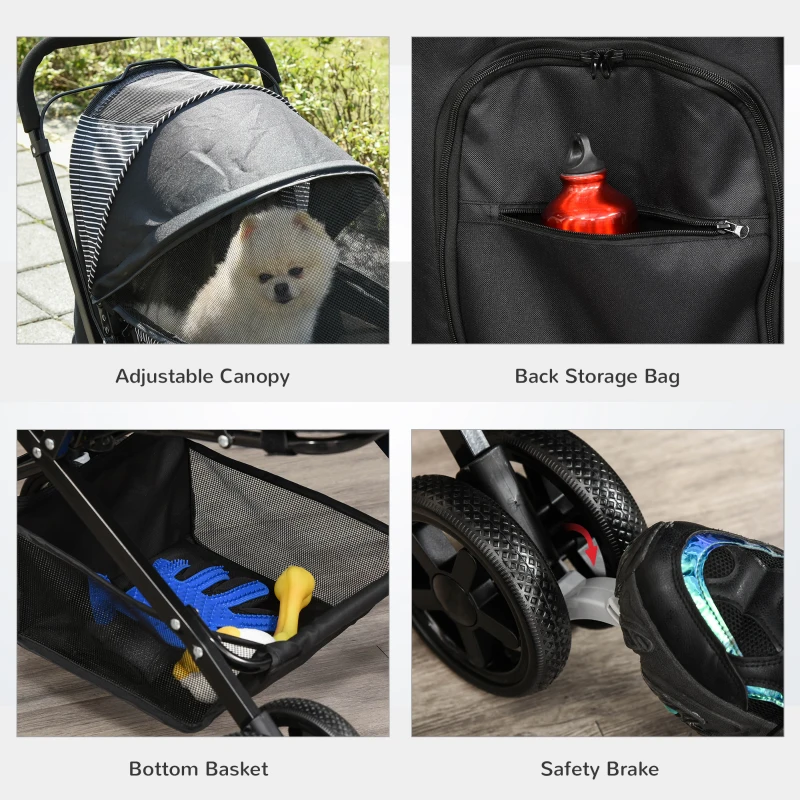 PawHut Pet Stroller Foldable Dog Cat Travel Carriage with Reversible Handle Rear Door EVA Wheel Brake Basket Storage Bag 3-stage Canopy Mesh Window Door Black