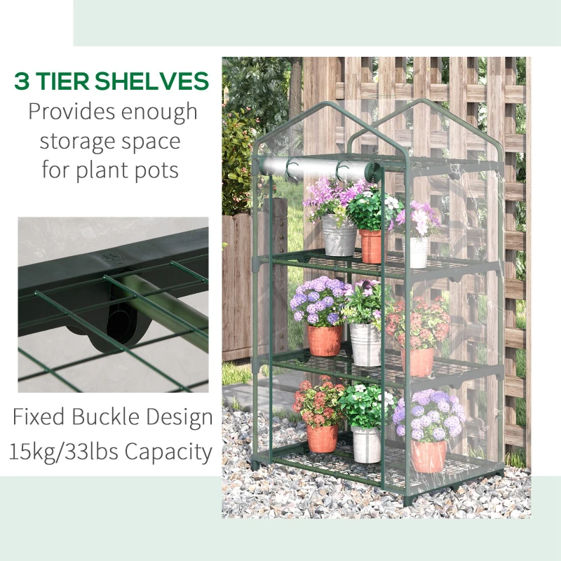 Outsunny 3 Tier Mini Greenhouse with Wire Shelves, Portable Garden Grow House with Roll-up Door, 69L x 49W x 125H cm, Clear