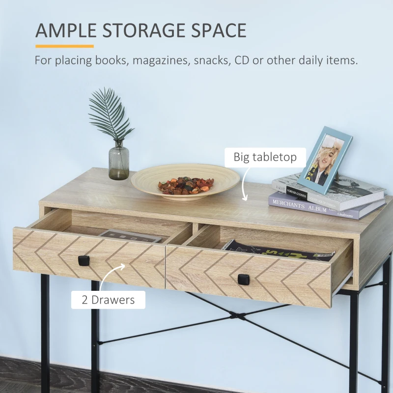 HOMCOM Embossed Arrow Side Table w/ 2 Drawers Metal Frame Handles Back Bar Tabletop Unique Home Style Storage End Console