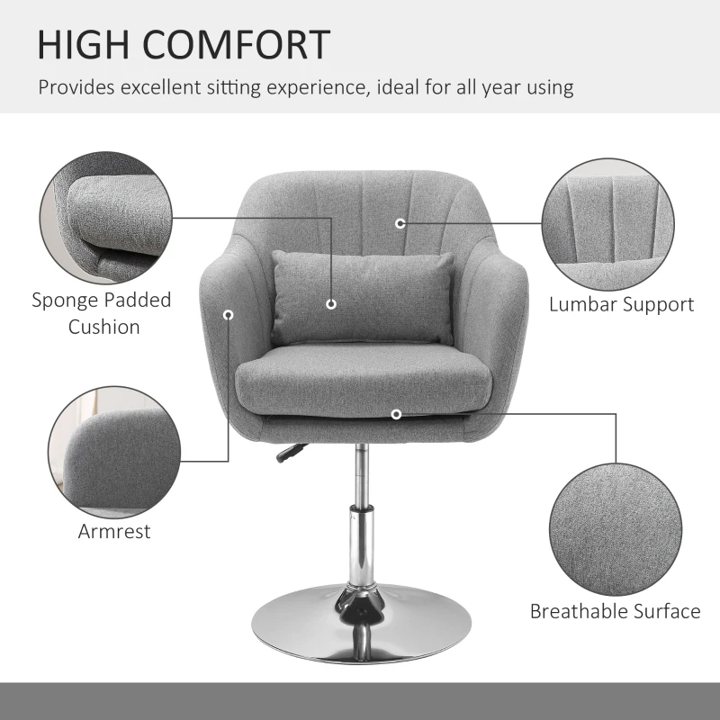 HOMCOM Leisure Chair with Metal Base, Modern Swivel Linen Sofachair Midback with Lumbar Support for Living Room Bedroom Office, Grey