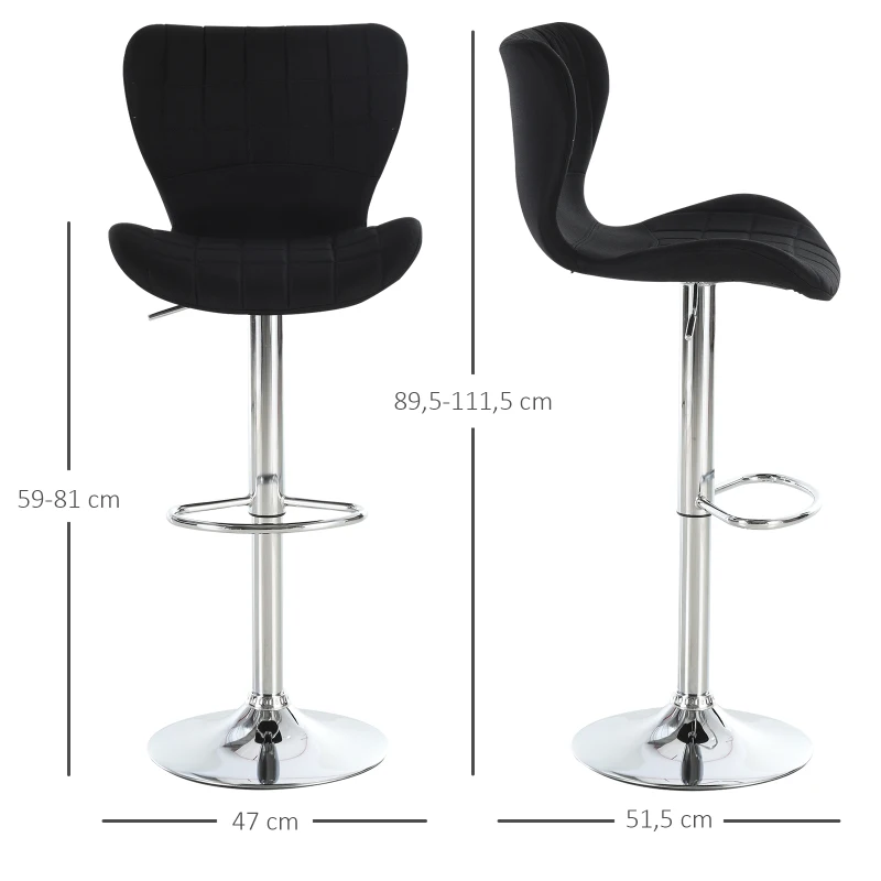 HOMCOM 2 Pieces Bar Stools Adjustable Height Dining Chair with/ Footrest for Home Pub, Black