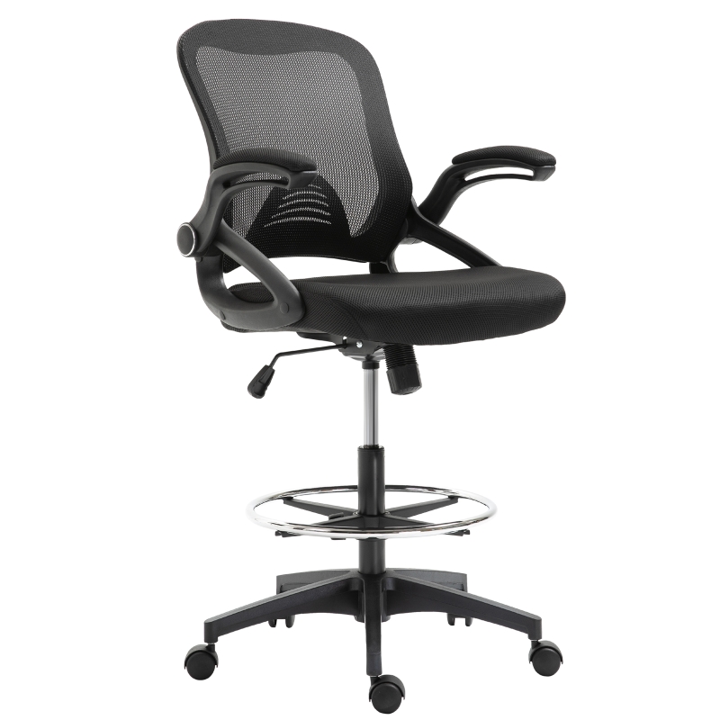 Vinsetto Adjustable Drafting Chair Tall Office Chair Ergonomic Mesh Back with Flip-up Armrest and Footrest, 360° Swivel, Black