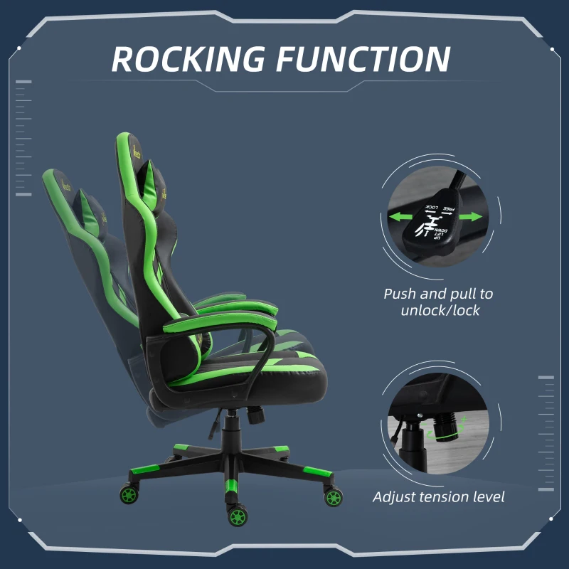 Vinsetto High Back Rocking Gaming Office Chair with Headrest and Lumbar Support, Rolling Casters Green