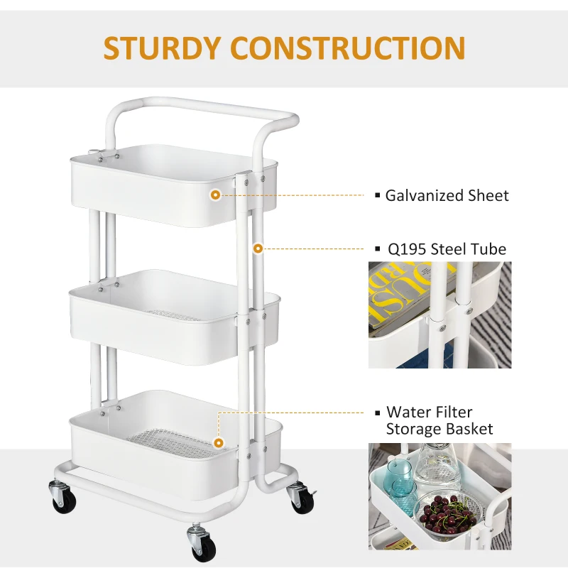 HOMCOM 3-Tier Metal Rolling Utility Cart Mobile Storage Trolly Basket Organizer Kitchen White