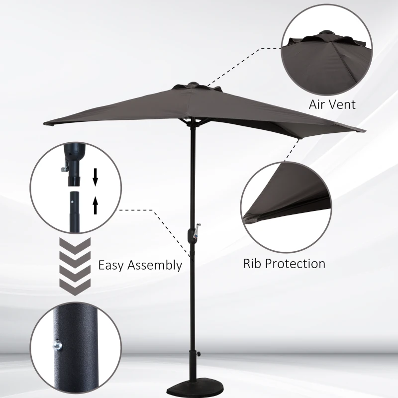 Outsunny Balcony Half Parasol Semi Round Umbrella Patio Aluminium Frame Crank Handle (2.7m, Grey)- NO BASE INCLUDED