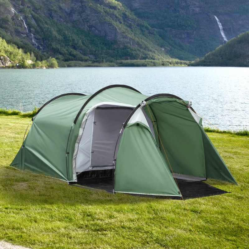 Outsunny Camping Dome Tent 2 Room for 3-4 Person with Weatherproof Screen Room Vestibule Backpacking Tent Lightweight 2 Gate Poles for Fishing & Hiking Dark Green