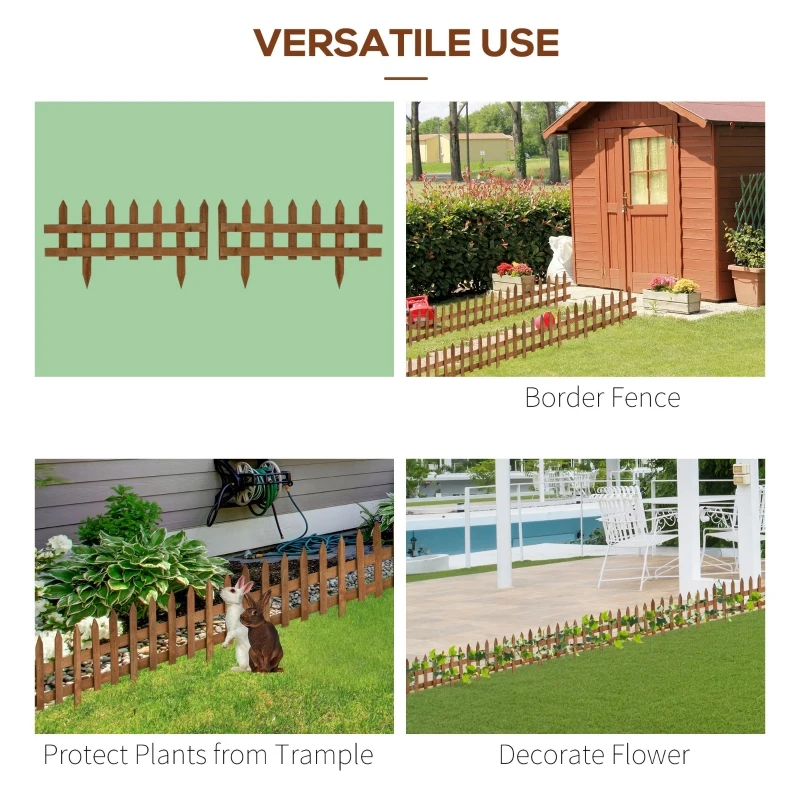 Outsunny Pack of 12 Wooden Border Fences, Garden Fixed Picket Fence for Lawn Edging, Flowerbed, Brown