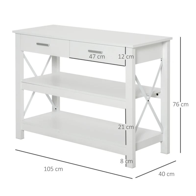 HOMCOM Entryway Console Sofa Table with 2 Drawers and Storage Shelves,Steel X-Frame, White
