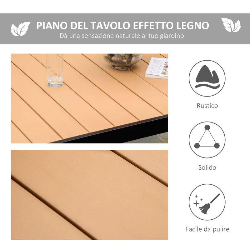 Outsunny Tavolo da Giardino per 6 Persone in Alluminio e Plastica, Nero e Color Legno