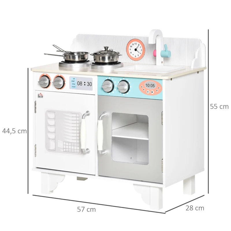 HOMCOM Kids Play Kitchen Toy, Wooden Cooking Set Pretend Role Playset with Cooking Bench, Stainless Steel Pot, for Boys Girls Aged 3-6 Years