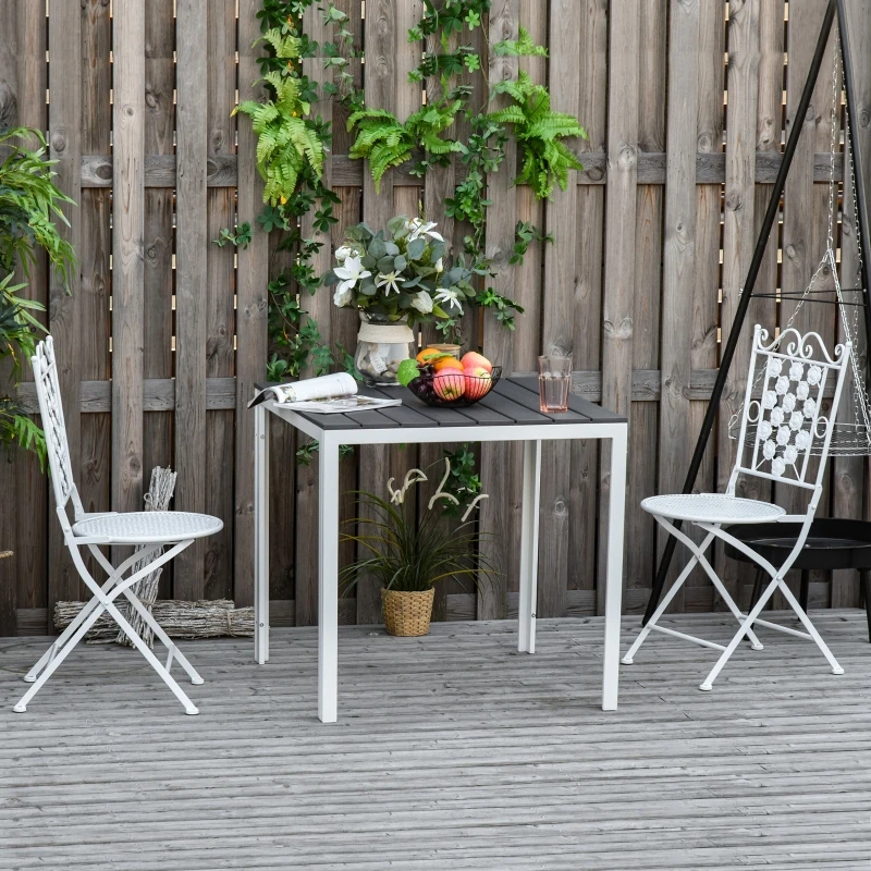 OUTSUNNY Patio Garden Square Steel Dining Table w/ Wood-imitating PE Surface, Outdoor Furniture for Porches, Backyards, Gardens or Poolside Dark Grey