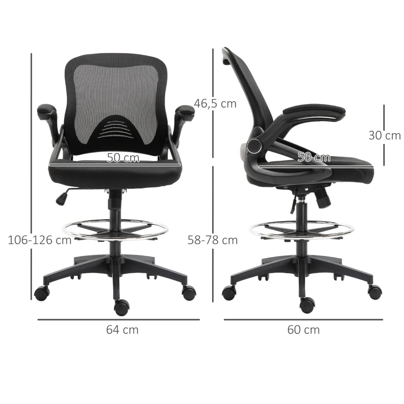 Vinsetto Adjustable Drafting Chair Tall Office Chair Ergonomic Mesh Back with Flip-up Armrest and Footrest, 360° Swivel, Black