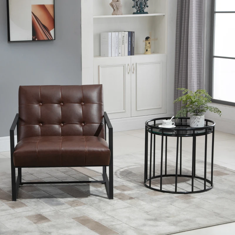 HOMCOM Mid-Century Modern Accent Chair Faux Leather Sofa Button Tufted Armchair with Metal Frame for Living Room, Bedroom, Home Office, Pub
