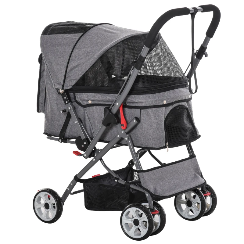 PawHut Pet Stroller Foldable Dog/Cat Travel Carriage with Reversible Handle EVA Wheels Brakes Basket Storage Bag 3-stage Canopy Zippered Mesh Window Door Grey