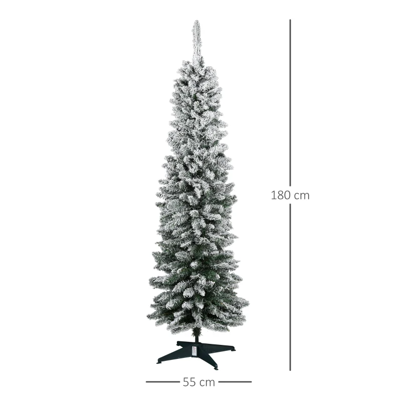 HOMCOM 1.8m Artificial Flocked Christmas Tree Pencil Silm Style Snow Tipped Tree Easy Assembly with Foldable Base for Indoor Holiday Decoration