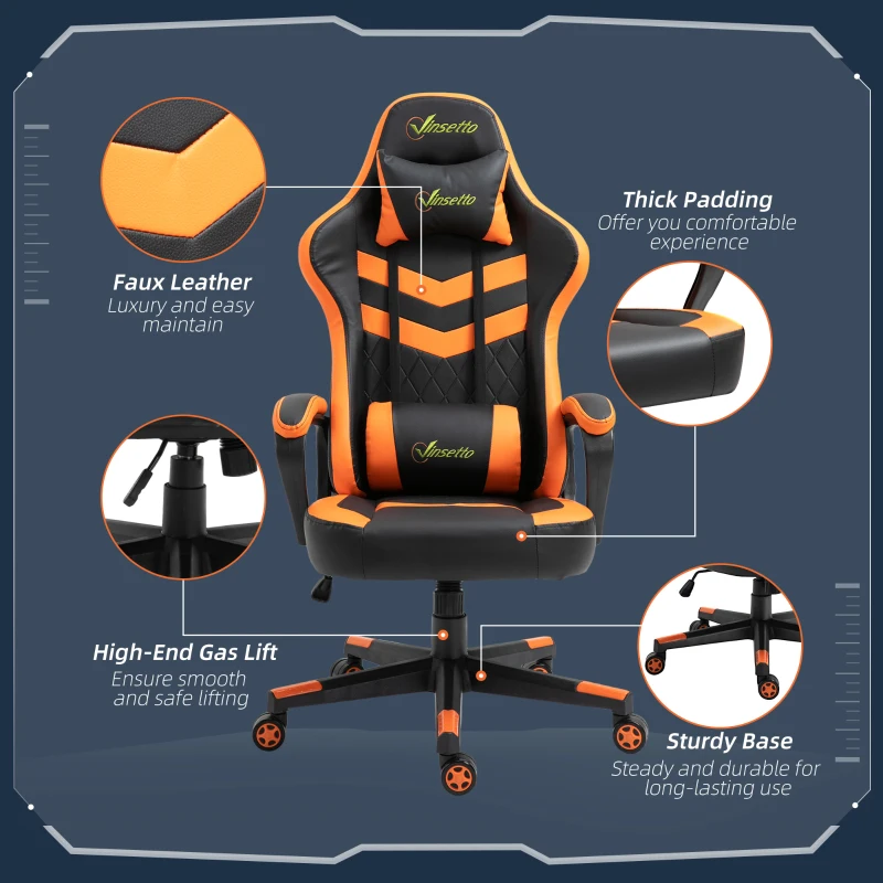Vinsetto High Back Rocking Gaming Office Chair with Headrest and Lumbar Support, Rolling Casters Orange