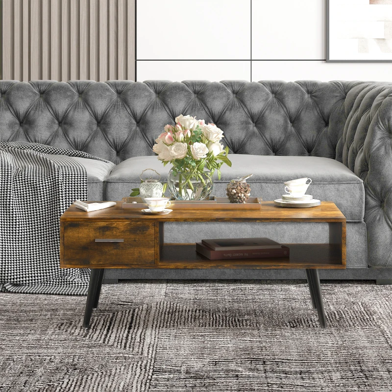 HOMCOM Mid-Century Modern Coffee Table Side Desk with 1 Drawer 1 Open Storage Shelf, for Living Room Bed Room