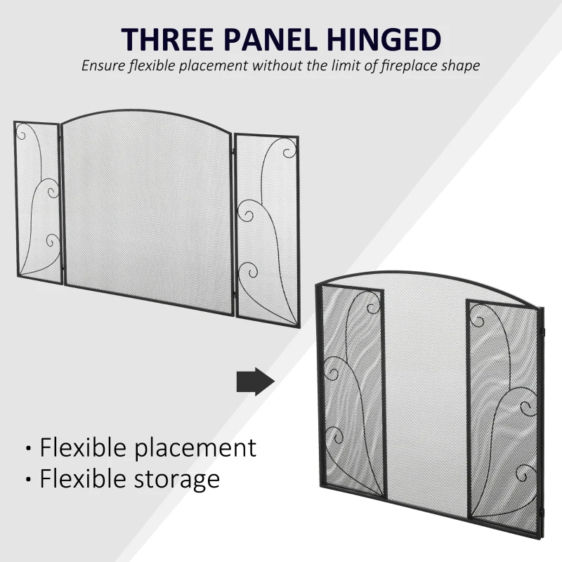 HOMCOM 3-Panel Metal Fireplace Mesh Screen Home Foldable Steel Spark Guard Decoration, Black