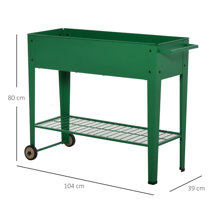 Outsunny 104 x 39 x 80cm Raised Garden Bed with Wheels, Mobile Planter with Bottom Shelf for Plants and Flowers, Outdoor, Green