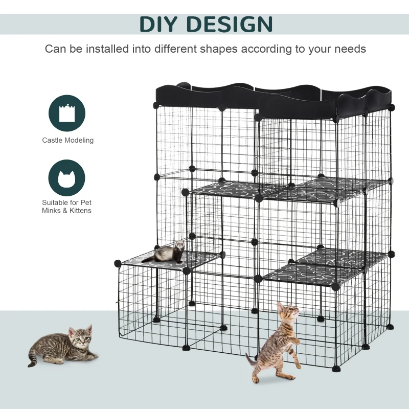 PawHut Pet Playpen DIY Small Animal Cage Fence with Door Ramp Accessories Indoor Outdoor for Kitten Pet Mink Black
