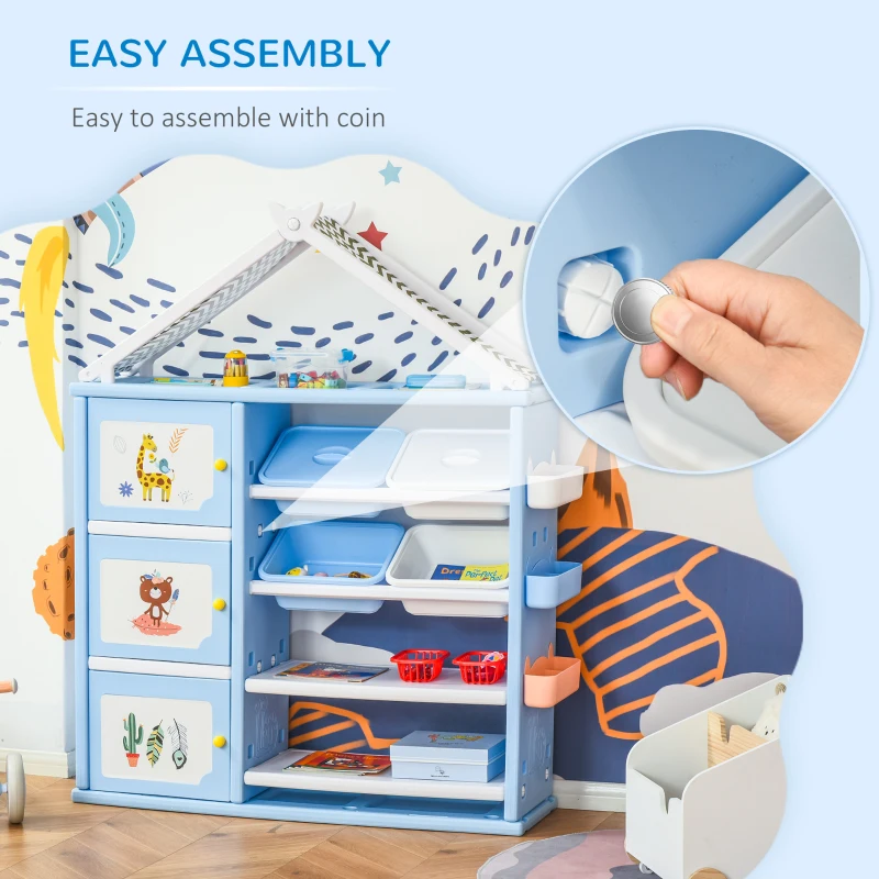 HOMCOM Kids Storage Unit Toy Box Organiser Book Shelf with shelves, storage cabinets, storage boxes, and storage baskets, Blue