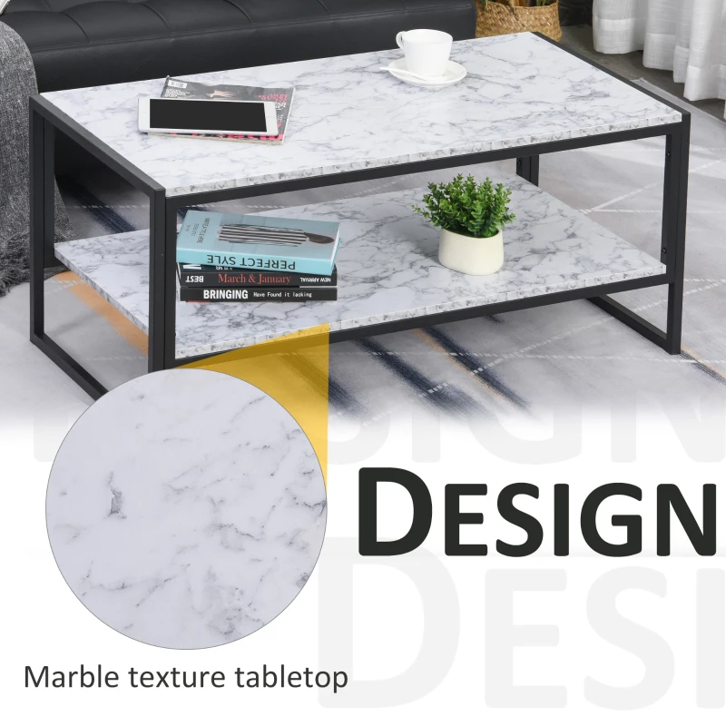 HOMCOM Minimalist Particle Board Coffee Table, Modern Marble Texture End/Side Table with Extra Storage Shelf, for Living Room Bedroom Dorm