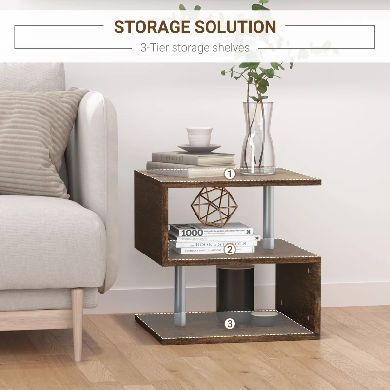 HOMCOM Industrial Vintage Look 3-Tier Side Table, S-Shape Retro End Desk for Living Room Bedroom Dorm, Wood Color