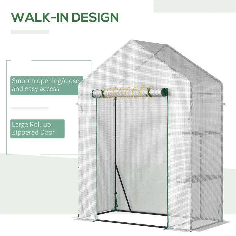Outsunny Greenhouse for Outdoor, Portable Gardening Plant Grow House with 2 Tier Shelf, Roll-Up Zippered Door, PE Cover, 143 x 73 x 195cm, White