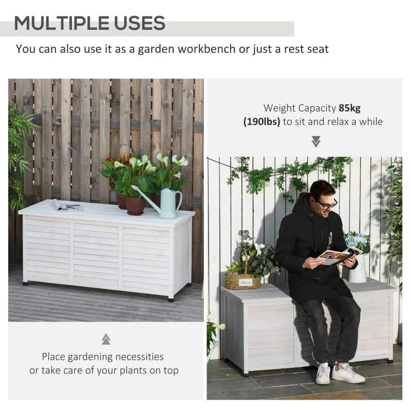 Outsunny Garden Wooden Storage Container Box Multipurpose Outdoor Patio Furniture w/ Chains for Outdoor Garden Tools and Pool Toys, White
