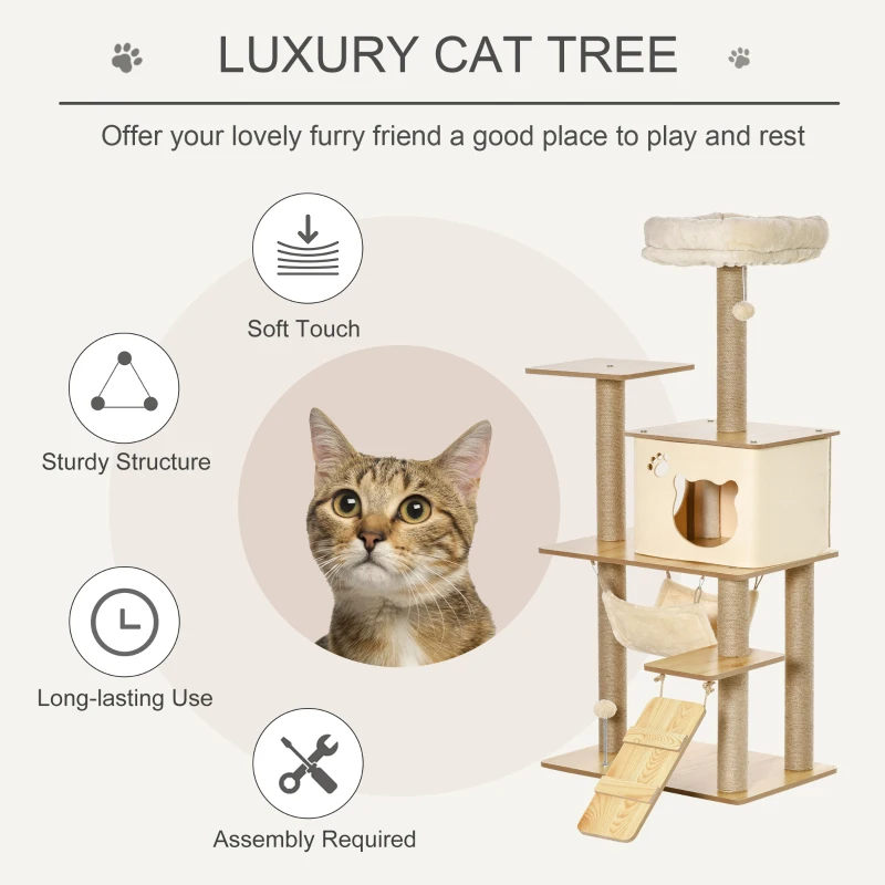 PawHut Cat Tree Tower 130cm Climbing Kitten Activity Center with Jute Scratching Post Perch Roomy Condo Hammock Removable Felt Hanging Toy, Yellow