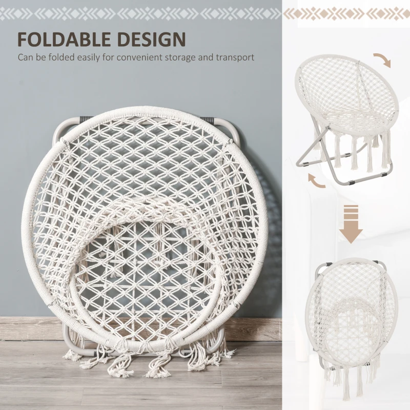 Outsunny Moon Saucer Chair for Adults & Kids Folding Design Bohemian Style with Hand-woven Cotton Tassal for Bedroom Livingroom Garden Max 150kg White
