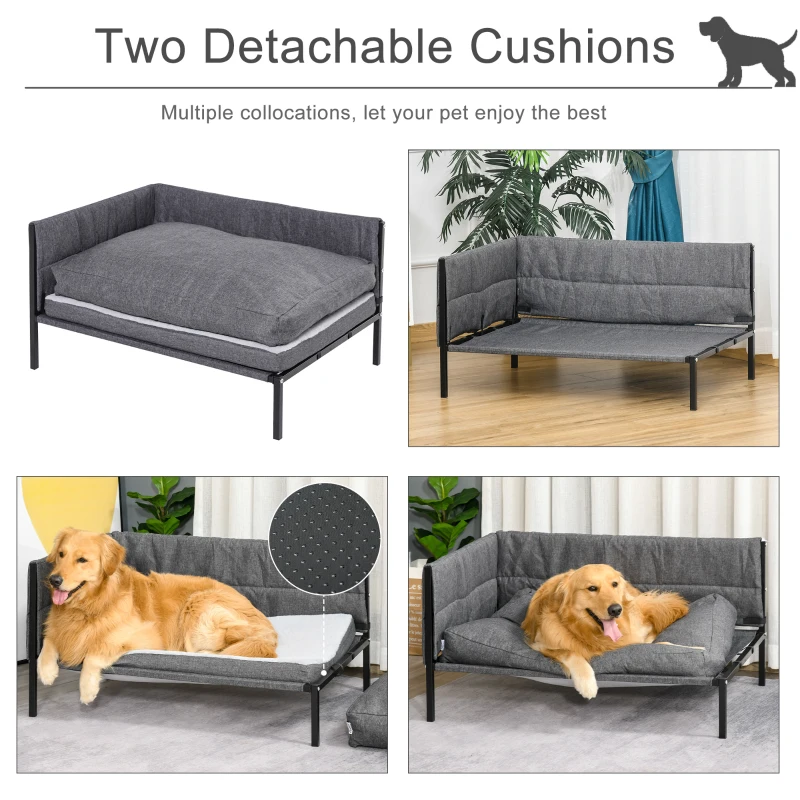 PawHut Raised Dog Bed for Medium-Sized Pet Metal Frame PP Cotton Sponge Cushion Grey 93.5 cm x 69 cm x 48.5 cm