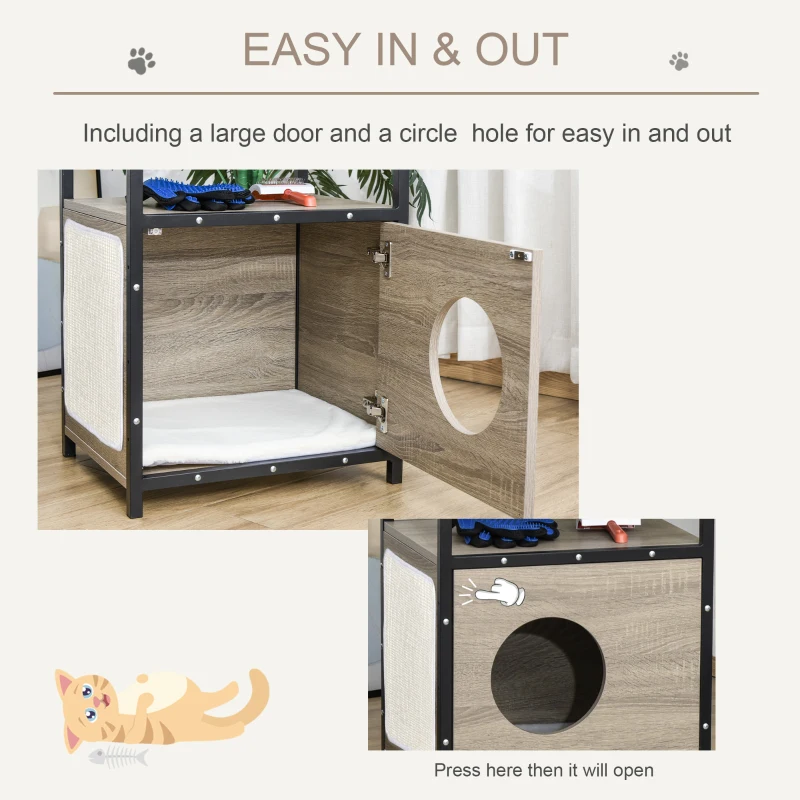 PawHut Wooden Cat House Kitty Shelter Bed with Cushion Cat litter box End Table Hideaway Cabinet with Storage Grey, 48 cm x 40 cm x 64.5 cm