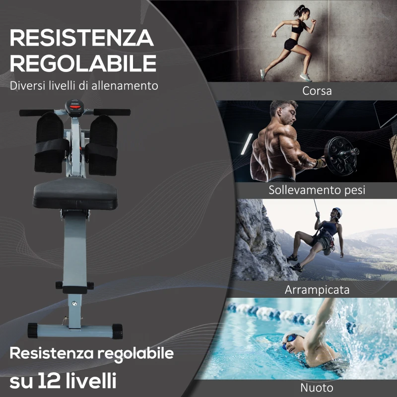 HOMCOM Vogatore Professionale a Tiraggio Centrale per Allenamento da Casa Salvaspazio con Display 130 x 47.5 x 67cm