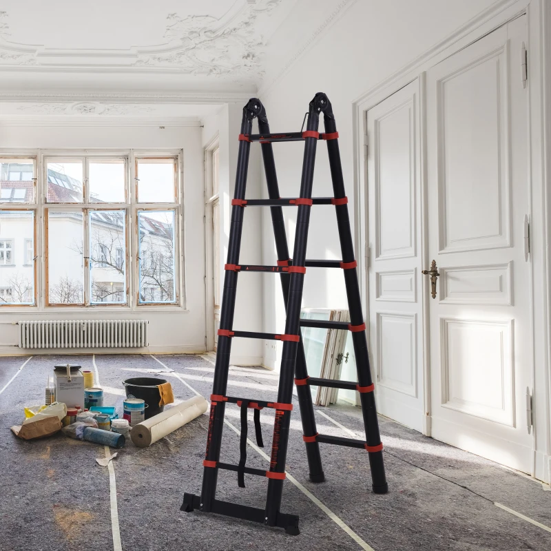 HOMCOM 3.8M(73") Aluminum Multi-Purpose Telescopic Ladder 2 Forms Portable Climbing Frame Indoor Outdoor Househeld, Black