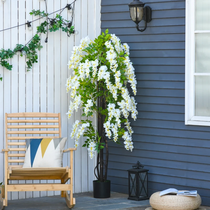 OUTSUNNY Artificial Wisteria Flowers Tree Fake Vine Ratta Silk Flowers with Nursery Pot for Indoor Outdoor Décor, 165cm, White and Green