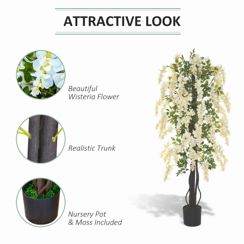 OUTSUNNY Artificial Wisteria Flowers Tree Fake Vine Ratta Silk Flowers with Nursery Pot for Indoor Outdoor Décor, 165cm, White and Green